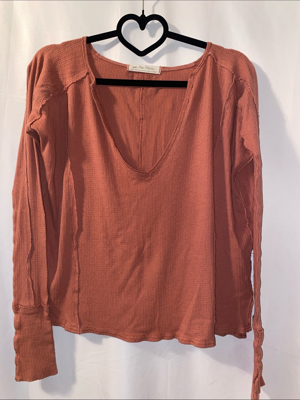 We The Free Rust orange Y2K Waffle-Knit V-Neck Long Sleeve Top xs